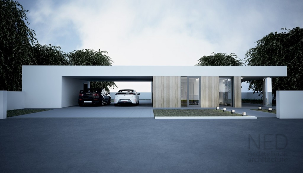projekt domu s integrovaný prístreškom pre autá