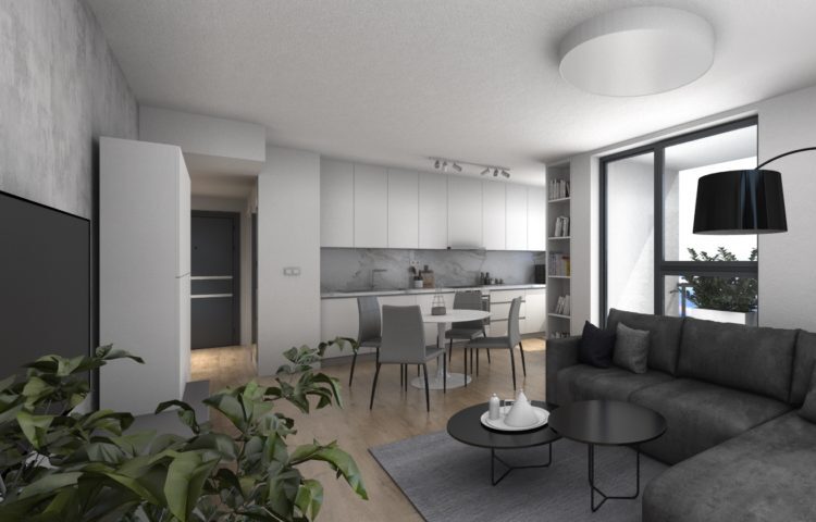 sivý interier obývačky
