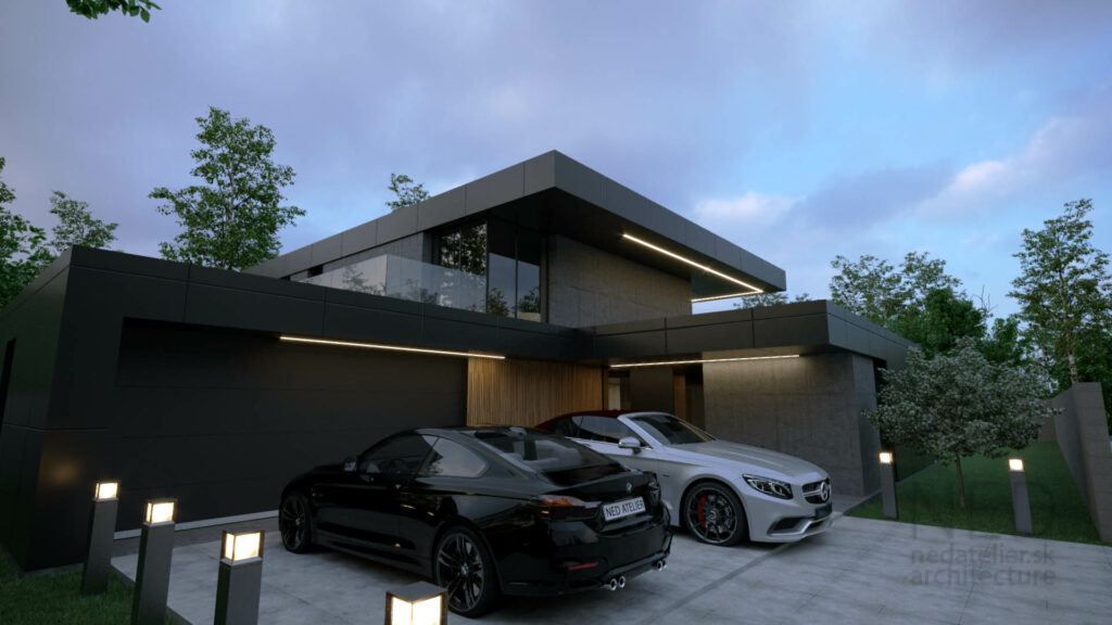 moderný dom s veľkým miestom na parkovanie