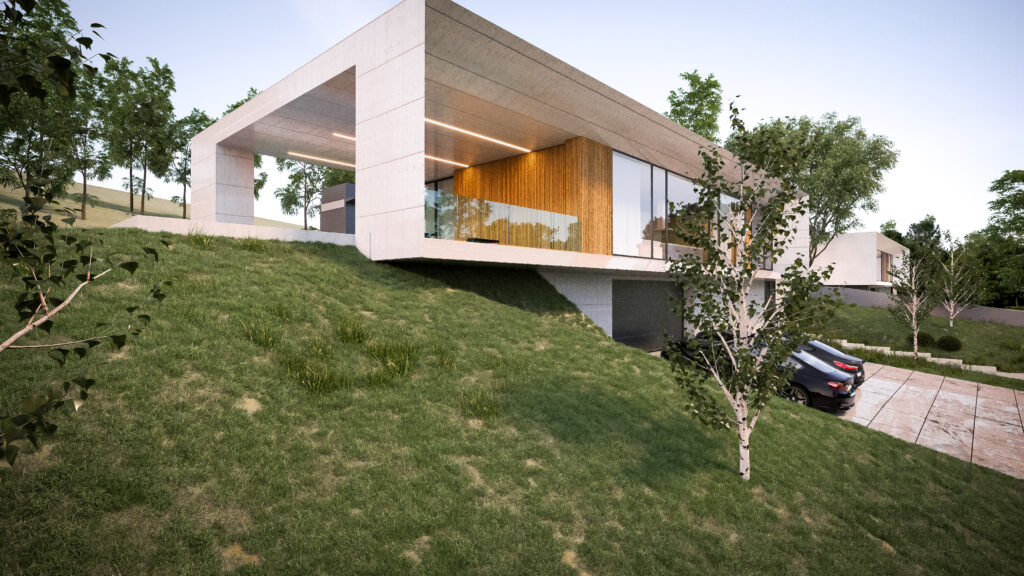 moderný projekt domu s terasou a výhľadom na krajinu