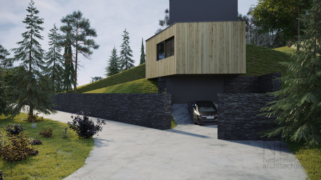 návrh modernej chaty s dreveným obkladom