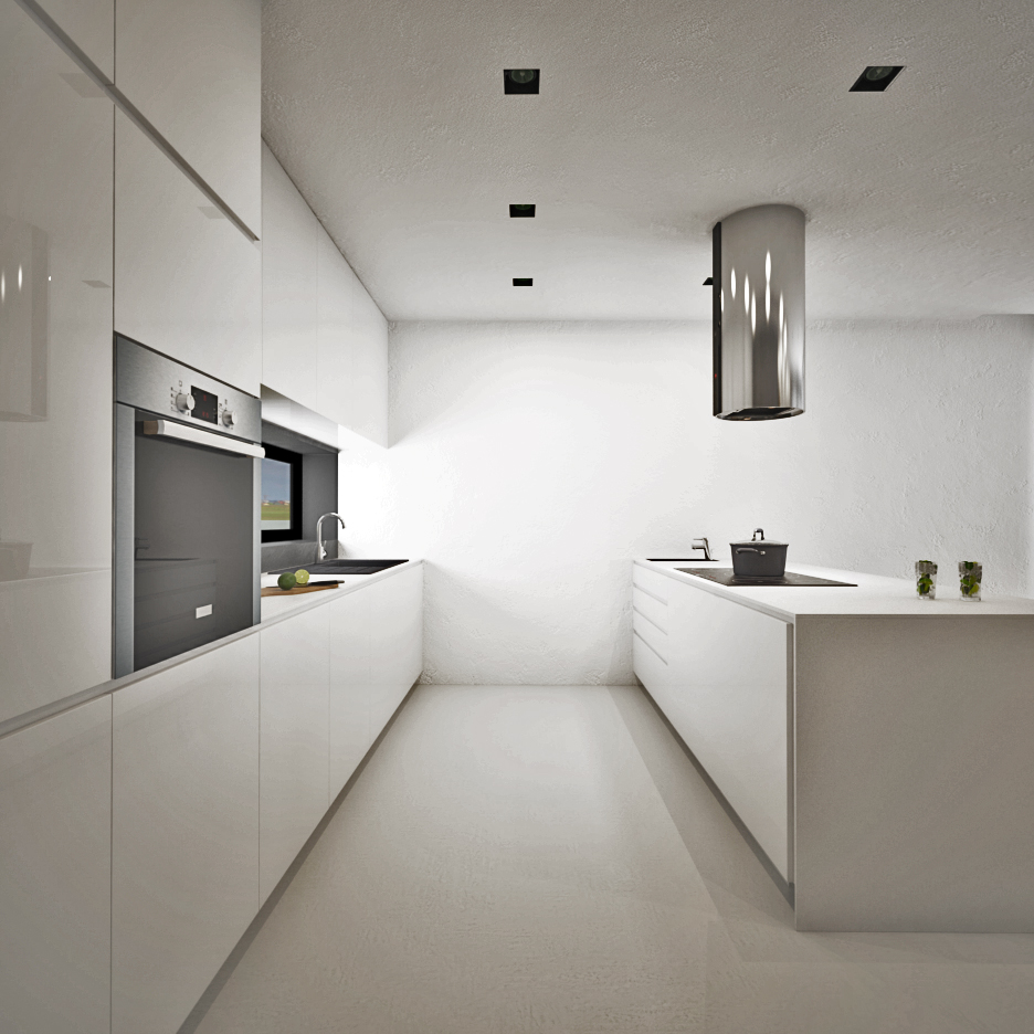 návrh minimalistickej bielej kuchyne